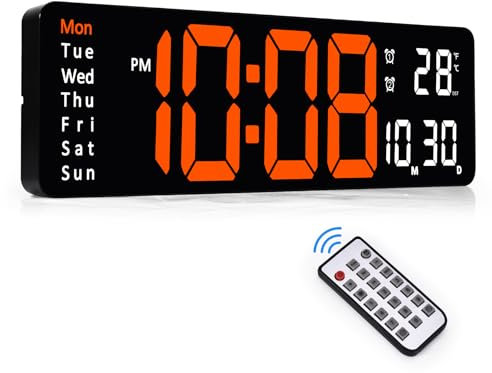 Sukeen Digitale Wanduhr, 13 Digitaluhr Wanduhr Digitaler Wecker mit Fernbedienung, Count Up & Down, 10-stufiges Dimmen, Dual Alarm, Datum, Temperatur für Zuhause, Fitnessstudio, Büro, Garage-Orange