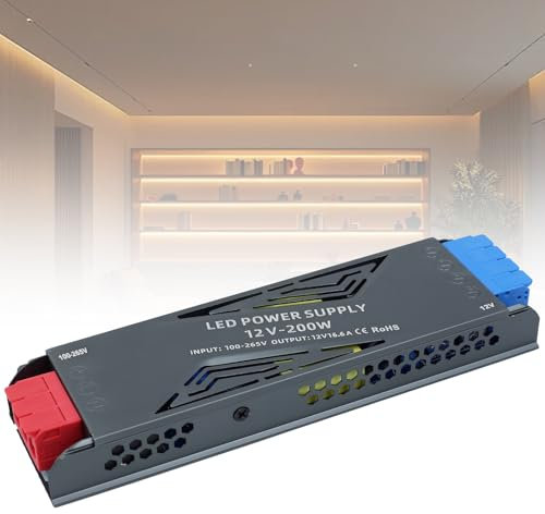SUCIKORIO Trasformatore LED 12V 200W, Ultra Sottile Alimentatore Driver AC 220V a DC 12 Volt 16,6A, Adattatore a Tensione Costante Senza Sfarfallio per Striscia e Faretti