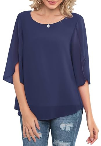 Neineiwu Women's Chiffon Tunic Casual Round Collar 3/4 Sleeve Blouse Mesh Flowing Shirts Loose Fit Tops, darkblue, L