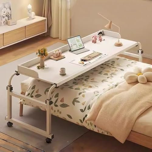 Overbed Portable Desk With Castor Wheels,Mobile Bedside Table With Wheels Food Tray Desk Rolling Medical Table Mobile Desk With Adjustable Height Over Bed Table With Desktop Baffle(Color:whi