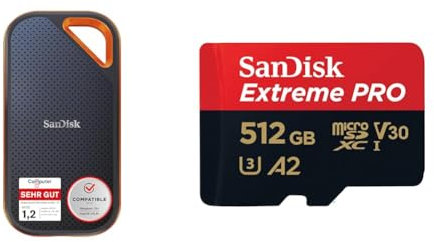 SanDisk Extreme PRO Portable SSD Externe SSD 1 TB & Extreme PRO microSDXC UHS-I Speicherkarte 512 GB + Adapter & RescuePRO Deluxe