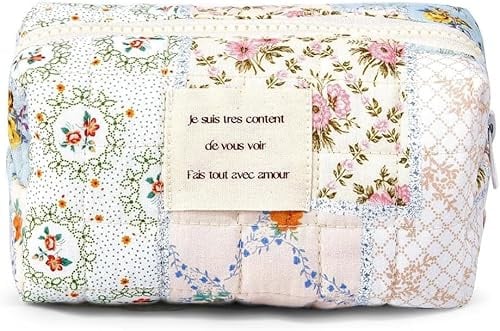 FDEETY Rechteckige Kulturtasche Blumenmuster Patchwork Kosmetiktasche Reise Necessaire Waschbeutel Aufbewahrungstasche