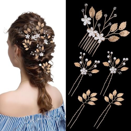 5 Pcs Wedding Hair Accessories Gold Leaf Crystal Pearl Hair Pins Clips Leaf Bride Wedding Hair Comb Bridal Bridal Hair Accessories Hair Side Combs for Women Rose Gold Hair Clip