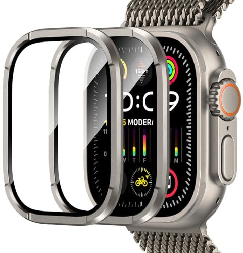 Amizee 2 Stück Schutzfolie kompatibel mit Apple Watch Ultra/Ultra 2 49mm, HD Gehärtet Glas Aluminiumlegierung Rahmen Schutzfolie für iWatch Ultra 49mm, C-Titanstahl