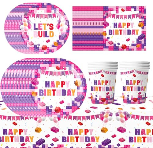 APPCRFM 51PCS Block Theme Birthday Party Tableware - Pink & Purple - 10 Guests - Plates, Cups, Napkins, Tablecloth