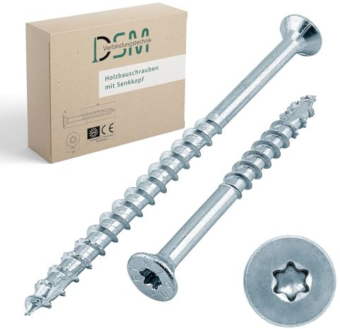 DSM – Holzbauschrauben 4 x 80 mm – Senkkopfschraube verzinkt, TX20 – Spanplattenschrauben mit Wellenschliff – Fräsrippen und Cut-Spitze – ETA-Zulassung – 10 Stück (Kleinpack)