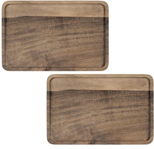 FAAING 2er Set Holztablett Rechteckig, 34 x 22 cm Akazienholz Tablett Serviertablett Holz Deko Tablett, Holztablett Deko Rechteckig für Dessert Kaffee Kosmetik Schmuck Kerzen