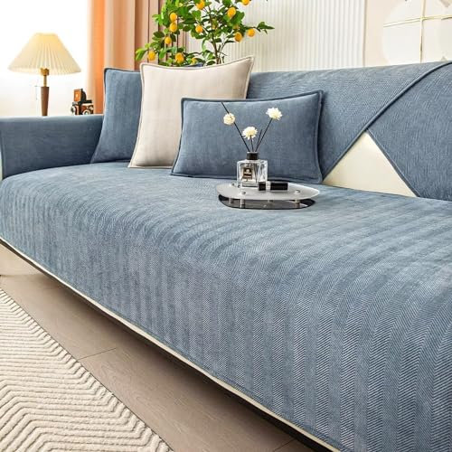 Chenille Antirutsch Sofabezug Ledersofa Lustig Kuschelig Hundesofa Blau Grau 110*240cm