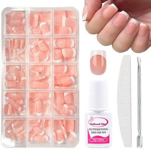Fake Nails Set - French Tip Press on Nails - 240Pcs Short Square False Nails with Glue - Glossy French Tip nails for Nail Art DIY in 15 Sizes - False nails Kit with File and Pusher