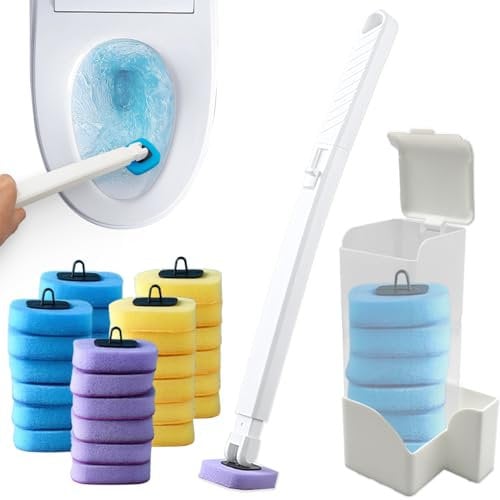 VIVEBEI Disposable Toilet Brush, Toilet Brush Set with 30 Replacement Sponge Brush Heads and Holder, Easy to Dispose, Quickly and Hygiene Clean Toilets, Showers and Sinks