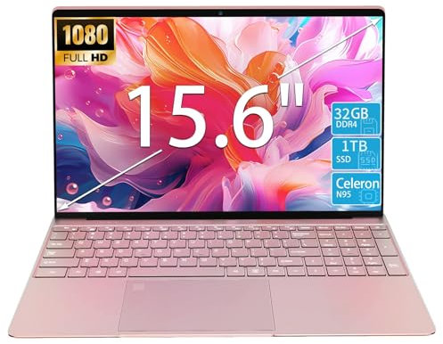 15.6 Inch Laptop, N95 Processor (4C4T, 1.7-3.4GHz), 32GB RAM, 1TB PCIe SSD, Backlit Keyboard, Fingerprint Unlock, FHD IPS Display, 8000mAh Battery, Win11Pro Computer – for Work & Study (Rose Gold)
