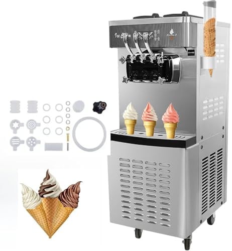 Kommerzielle Softeismaschine, 21–31 l/h Leistung, Freistehende Eiscreme-Maschine mit 3 Geschmacksrichtungen, 2 x 5,5 L Edelstahlzylinder, LED-Panel, Automatische Vorkühlung, für Restaurantbars