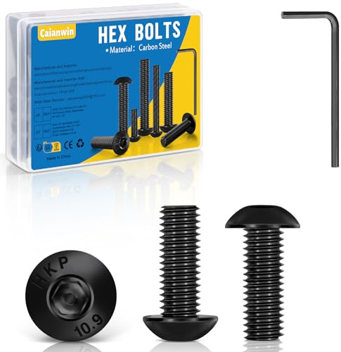 Caianwin 50 piezas tornillos de cabeza de botón M5 x 12, negros, tornillos de cabeza semirredonda, ISO 7380, cabeza plana, acero al carbono, tornillos con hexágono interior con llave Allen para