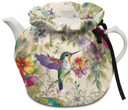 Poceacles Tea Pot Cover Tea Cosy for Large Teapot Kitchen Kettle Dust Cover Machine Washable Kitchen Home Indoor Decor, Retro Hummingbird Floral Beige