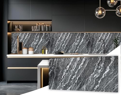Mydekor Marble Effect Look Panels for Kitchen,Bathroom and Shower Wet Walls Areas, Tile Splash Back Cover Tiles (Black 2 Panels 0.72m2)