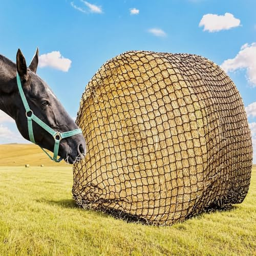 Ribowri Großes Heunetz Rundballennetz 210x210cm, Maschenweite 4,5x4,5cm engmaschig, UV‑beständig Wetterfest, für Pferde Esel Rinder Ziegen, reduziert Heuverschwendung, verlängerte Fresszeit