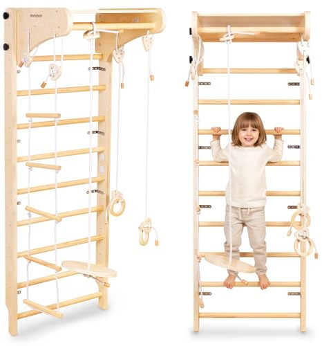 Mamabrum Escalera de Madera para Niños – Gimnasio en Casa con Columpio, Anillas y Escalera de Cuerda – Diversión y Ejercicio Interior