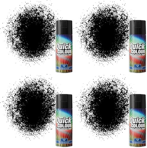 Quick Colour Black Satin Spray Paint 400ml Aerosol for Wood, Plastic, Metal, Brick, Concrete and Vinyl (Pack of 4)