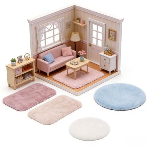 xolear 4 Stück Miniatur Teppiche Puppenhaus Zubehör Wichtel Teppich Plüsch, 1:12 Dollhouse Zubehör Ausstattungen Teppich für DIY Puppenhaus, Mini Modell Erdgeschoss Dekorationen Geschenk