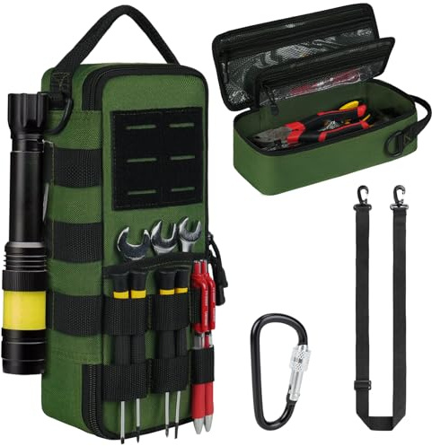 Heavy Duty Small Tool Bags for Men with Carabiner,Tactical Tool Pouch Bag,Portable Utility Tools Storage Organizer Case with Shoulder Strap for EDC,Motorcycle,Camping,Road Trip,Electricians,Green