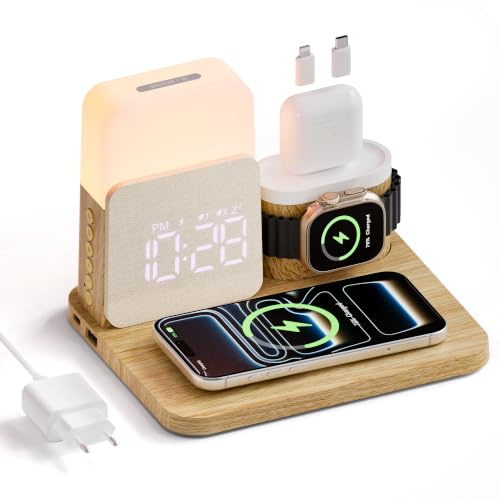 5 en 1 Station de Charge pour A-pple Reveil Chargeur Induction i -Phone | Chargeur sans Fil 17-11 pour air-pods A-pple Watch avec Lampe pour la Chambre à Coucher Adaptateur Inclus