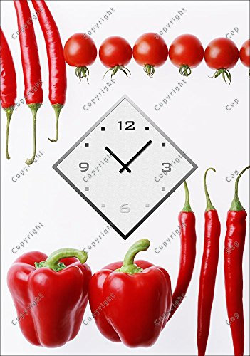 dixtime 4182 Designer Wanduhr, Wanduhren, stylische Küchenuhr, rot weiß, Paprika Tomate Peperoni 35cm x 50cm