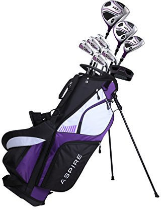 Aspire - Xd1: Set Di Mazze Da Golf Completo Per Donne Destre. Include Le Mazze Titanium Driver, S.S. Fairway, S.S. Hybrid, Ferri S.S. 6-Pw, Un Putter, Una Sacca Da Golf E 3 Coprimazze Destri Viola.