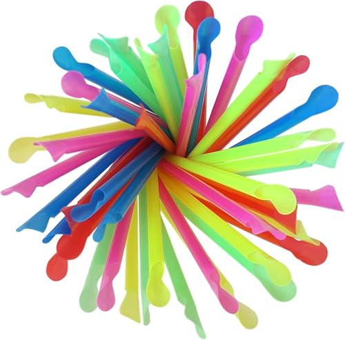 Set of 200 SNO-Cone Straw Spoons! Bright Colors - 8x.25- Perfect for Milkshakes, Shaved Ice, Kid's Parties, Root Beer Floats and More!