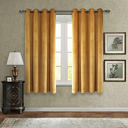 Singinglory Blackout Curtains Velvet Curtains Pencil Pleat 2 Panels with 2 Tiebacks Thermal Eyelet Curtain for Bedroom & Living Room Yellow 66x72