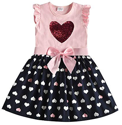 DXTON Mädchen Kleider Pailletten Muster Sommer Kurzarm Kleidung Party Kids Kleid RosaSh5740 3-4 Jahre