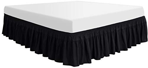 PiccoCasa Cache-sommier en polyester enveloppant, cache-sommier élastique à volants, dégradé et infroissable, matelas sans soulèvement, trois côtés en tissu avec chute de 40,6 cm, noir, grand lit