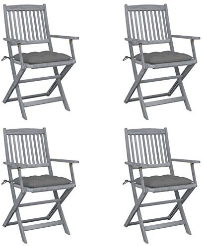 Tidyard 4 STK.Klappbare Gartenstühle mit Grau Kissen Essstühle Armlehnenstuhl Klappstuhl Holzstuhl Balkonstuhl Terrassestuhl Gartensessel Klappsessel Sitzmöbel Gartenmöbel Massivholz Akazie