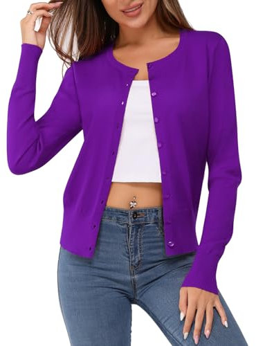 Newshows Women's Solid Button Down Long Sleeve Classic Crew Neck Knit Cardigan Sweater(Purple,Large)