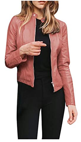 Sigoyi Veste en similicuir pour femme Grande taille Uni Punk Biker Veste coupe-vent Coupe ajustée, rose, L