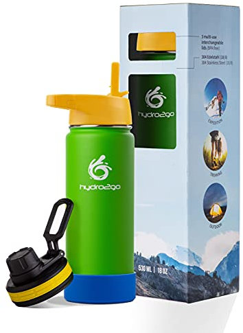 hydro2go Kinder Edelstahl Trinkflasche - 100% Auslaufsicher, BPA-frei mit 2 Deckeln (Strohhalm und Sportverschluss) - Thermo Flasche für Kinder (Lime Green) - 500ml