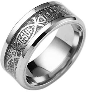 BlackAmazement 316L Edelstahl Ring Jesus Ichthys Fisch Christentum Gold blau Silber schwarz Herren Damen (Silber, 55 (17.5))