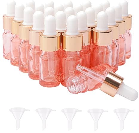 Rowiz 25PCS 5ml Glass Dropper Bottles Rose Gold Perfume Aromatherapy Cosmetic Container Essential Oils Sample Mini Empty Dropper Bottles with Rose Gold Metal Cap