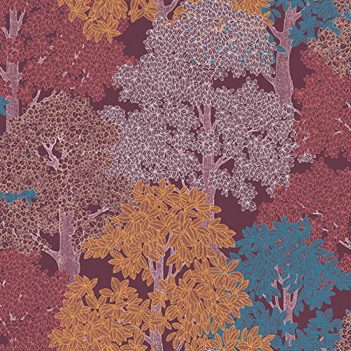 Papier peint motif floral bordeaux, jaune & bleu | Tapisserie multicolore fleurie pour chambre adulte | Papiers peints intissés salon
