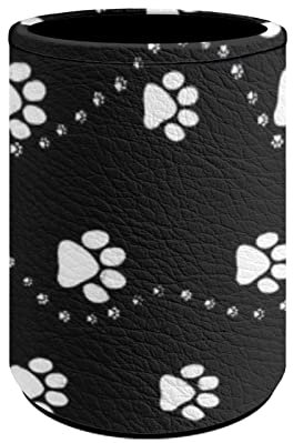 Howilath Round Pen Holder Cup Black White Dog Paw Pattern, Super Cute Cat Paws Animal Paw Pencil Rulers Container PU Leather