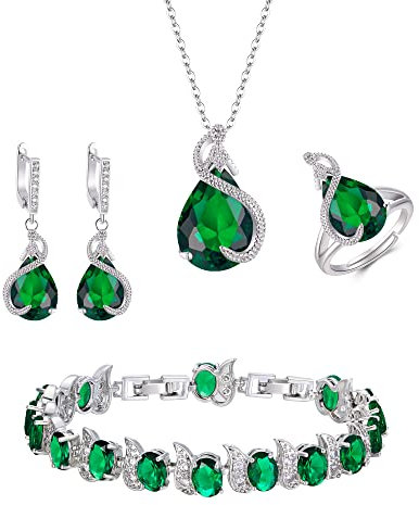 EVER FAITH Juegos de Joyas Mujer Circonita Cúbica en Forma de Lágrima para Novia, Glamour Colgante Collar Pendientes Tenis Pulsera Abierto Anillo Conjunto para Mujeres Fiesta Verde Tono Plateado