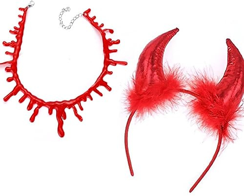 MEISH 2 Pieces Halloween Devil Accessories Dripping Blood Necklace Red Demon Hair Hoop Vampire Costume Accessories for Cosplay Fancy Dress Party