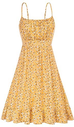 GRACE KARIN Donna Vestito a Sera Spalle Scoperte Abito Senza Manica Stampa Spallacci Spaghetti Giallo Fiori Bianco S