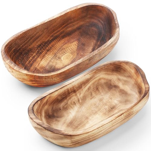 2 Pcs Wooden Dough Bowls for Decor Decorative Bowl Home Decor Oblong Fruit Bowl for Kitchen Counter Rustic Carved Wood Serving Bowl Long Wooden Bread Tray for Dining Room Table (13 x 9 x 3.2 Inch)