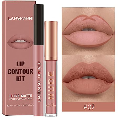 2Pcs Lip Liner und Lippenstift Set, Matte Lippenkonturenstift Lippenstift Makeup Kits, Pigment Samtig Nude Lippenfleck Wasserfestes langanhaltendes Lipgloss Make up Geschenkset (#09)
