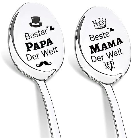 DIKARYA Mama und Papa Geschenke, 2er Kaffeelöffel mit Gravur Beste Mama der Welt, Beste Papa der Welt, Geburtstagsgeschenk für Mama Löffel Geschenke für Papa, Geburtstag Geschenk für Eltern Mutter
