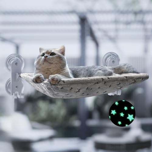 POMESEA Katzen Fensterliege, Faltbare Hängematte Katze mit Leuchtenden Sternen, Fensterplätze mit Starken Saugnäpfen, Katzenliege Fenster für Große Katzen Bis zu 20kg, Grau (L)
