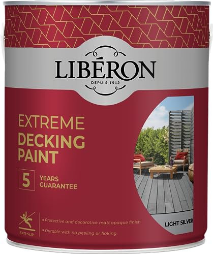 Libéron Extreme Decking Paint - 5-year Guarantee - Resists Extreme Weather - Non-slip Finish - No Undercoat Needed - Light Silver - 2.5 Litres