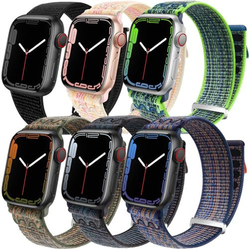 6 Pack Sport Loop Band Compatible with Apple Watch 49mm 46mm 45mm 44mm 42mm-Series 3 for iWatch Ultra Series 10 9 8 7 6 5 SE 4 3 2 Strap Nylon Weave Women Men Stretchy Braided Wristband Breathable(I)