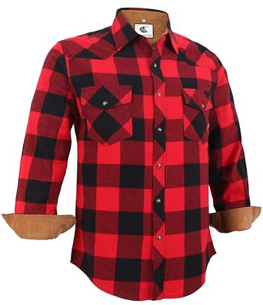 Dctop Chemise en flanelle pour homme - Manches longues - Chemise de bûcheron à carreaux - Bouton pression - Coton - Avec poche - Coupe droite - Décontractée, 1# Rouge/noir, XXL
