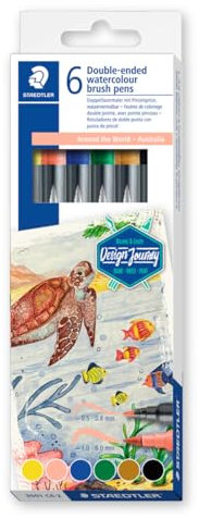 STAEDTLER Doppelfasermaler wasservermalbar, für Aquarell-Effekte, zwei Linienbreiten, feine Spitze und breite Pinselspitze, Kartonetui mit 6 brillanten Farben, 3001 C6-2